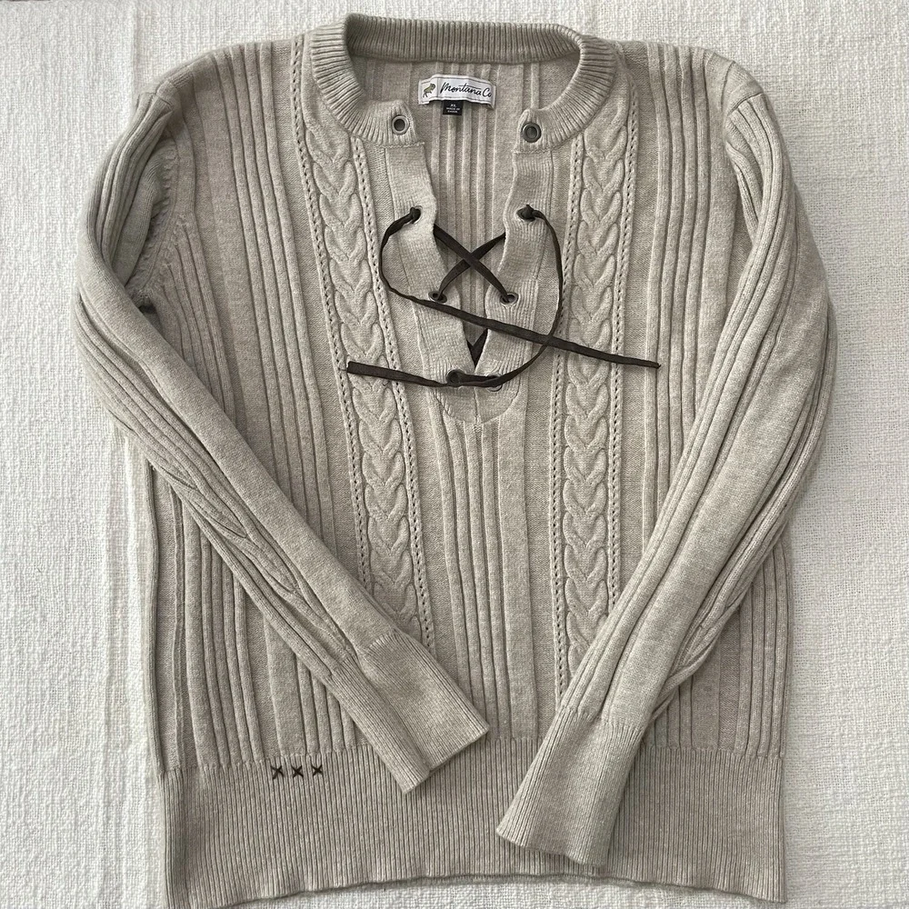 Montana Co Sweater Women's XL Off White‎ Cable knit Warm Western Lace Up